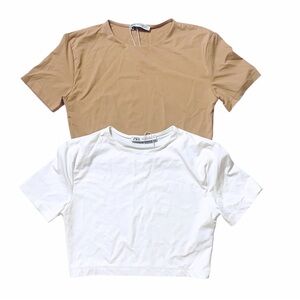 2 Zara Women Tan Nude White Crop Top Tee Crew Neck Slinky Buttery Short Sleeve